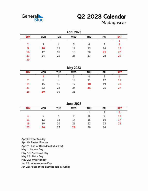 2023 Q2 Calendar with Holidays List for Madagascar