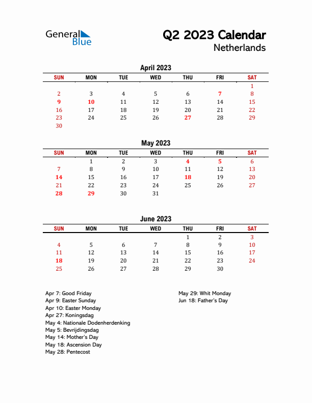 2023 Q2 Calendar with Holidays List for The Netherlands