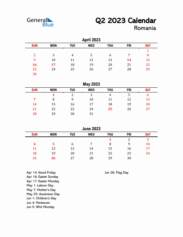 2023 Q2 Calendar with Holidays List for Romania