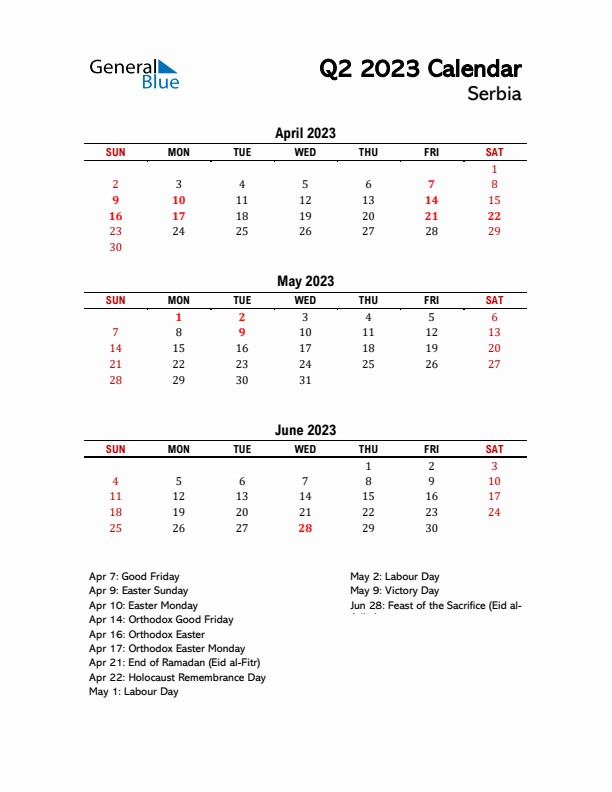 2023 Q2 Calendar with Holidays List for Serbia