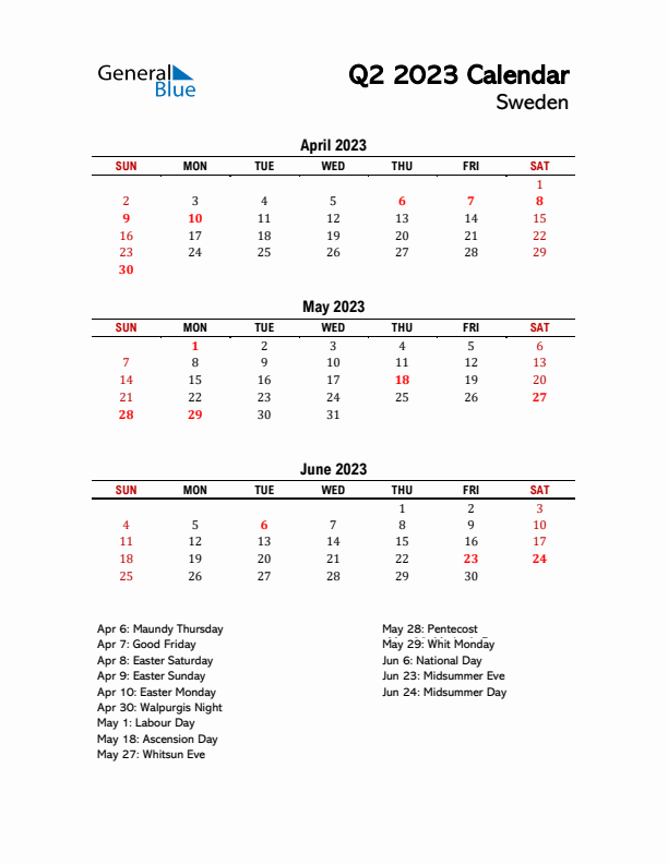 2023 Q2 Calendar with Holidays List for Sweden