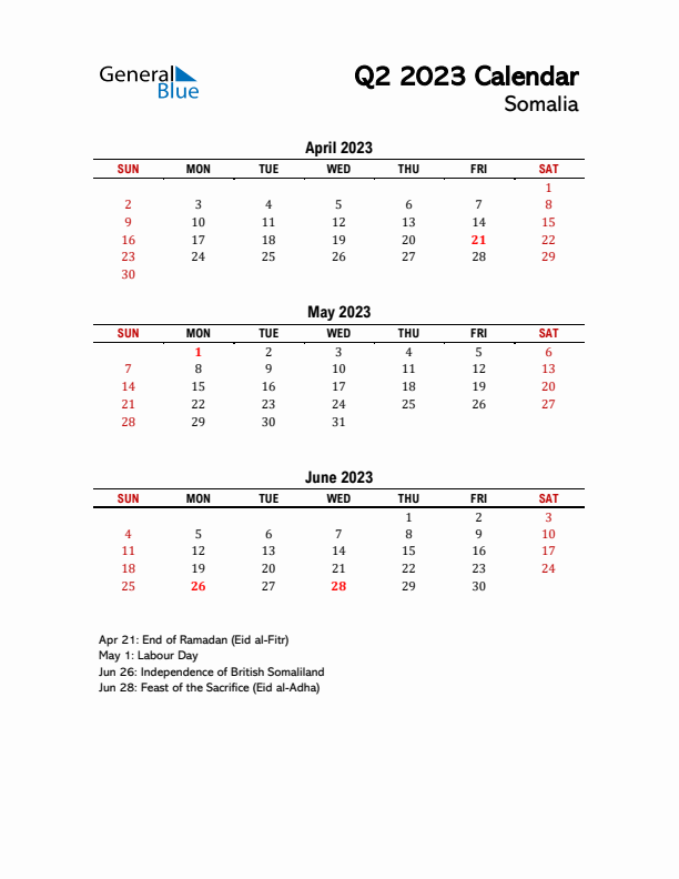 2023 Q2 Calendar with Holidays List for Somalia