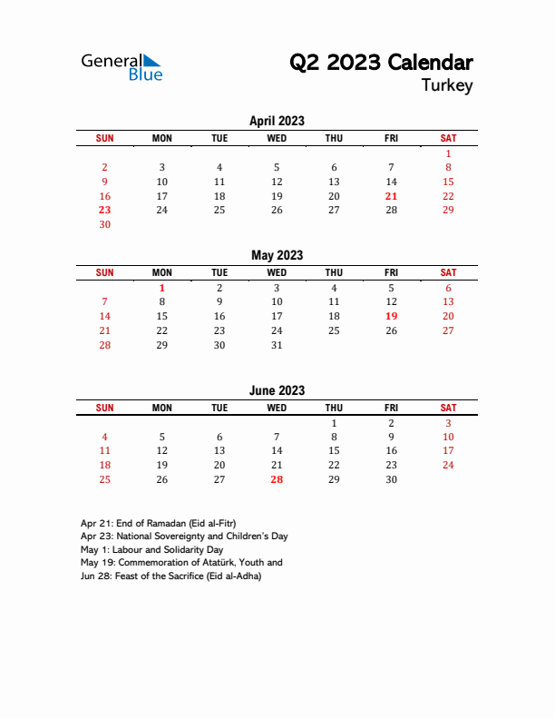 2023 Q2 Calendar with Holidays List for Turkey