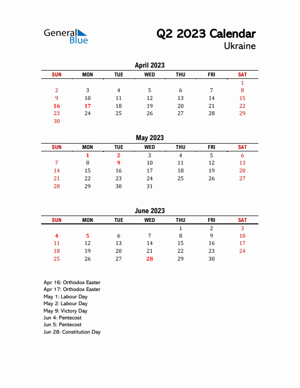 2023 Q2 Calendar with Holidays List for Ukraine