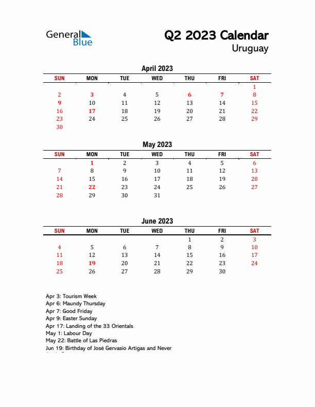 2023 Q2 Calendar with Holidays List for Uruguay