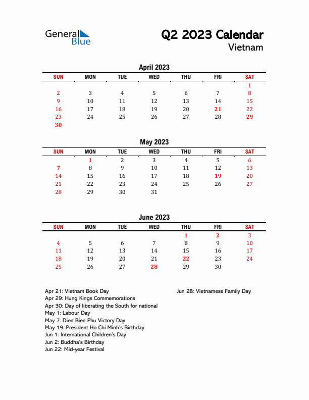 2023 Q2 Calendar with Holidays List for Vietnam