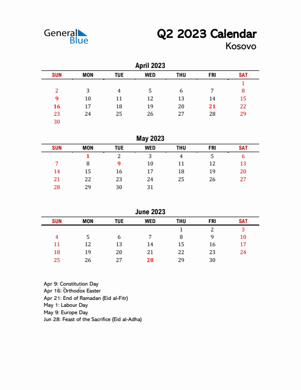 2023 Q2 Calendar with Holidays List for Kosovo