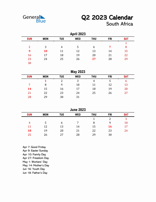 2023 Q2 Calendar with Holidays List for South Africa