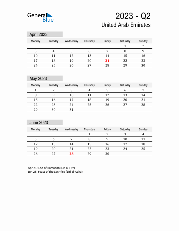 United Arab Emirates Quarter 2 2023 Calendar with Holidays