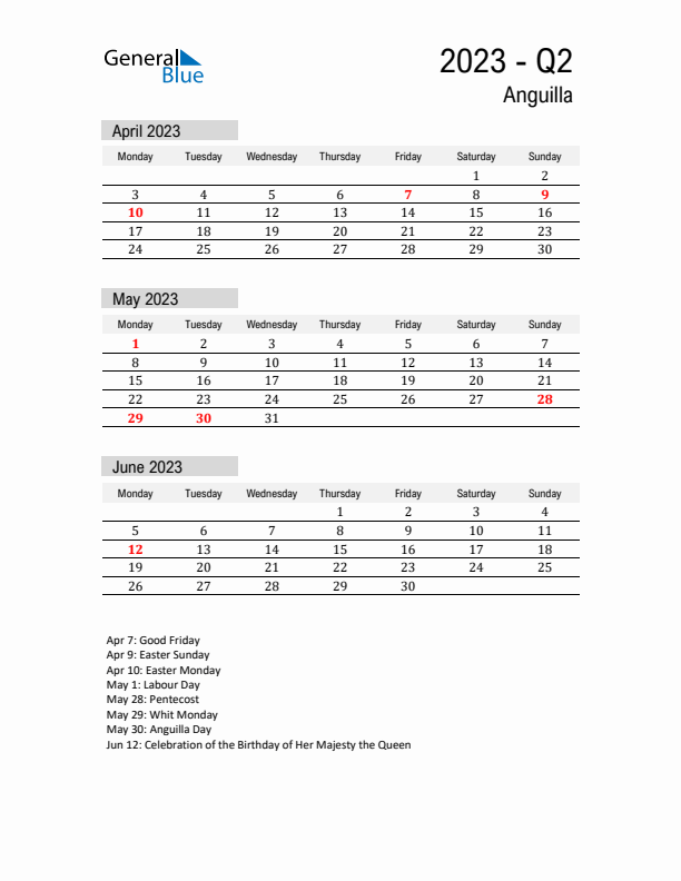 Anguilla Quarter 2 2023 Calendar with Holidays