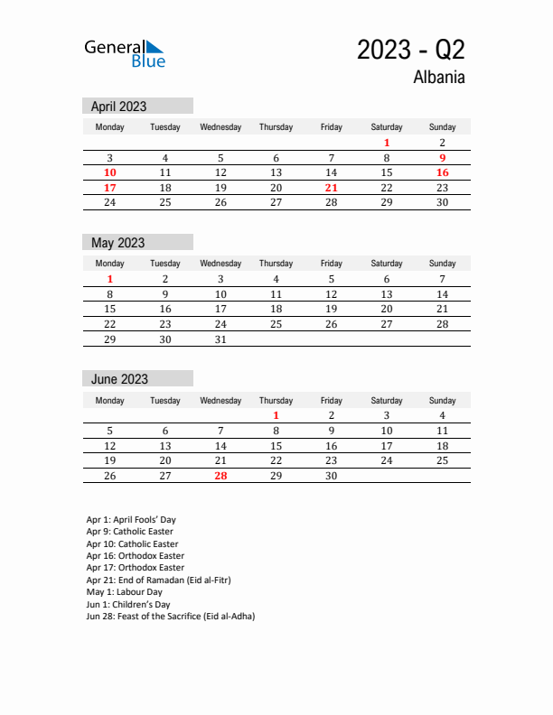 Albania Quarter 2 2023 Calendar with Holidays