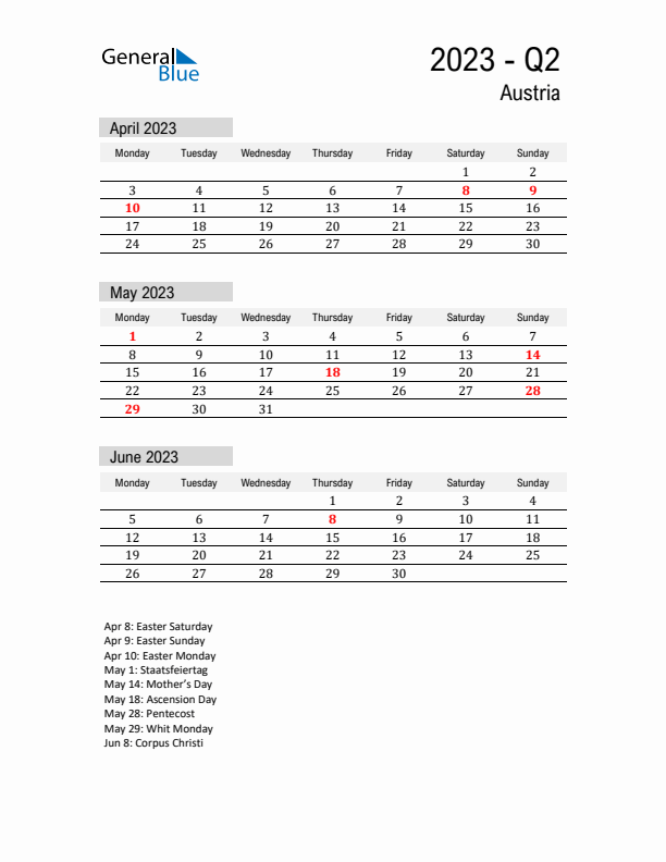 Austria Quarter 2 2023 Calendar with Holidays