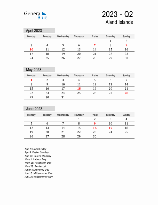 Aland Islands Quarter 2 2023 Calendar with Holidays