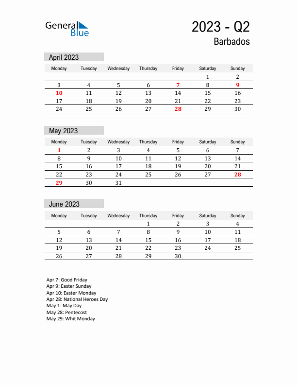 Barbados Quarter 2 2023 Calendar with Holidays