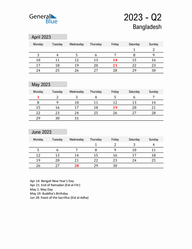 Bangladesh Quarter 2 2023 Calendar with Holidays