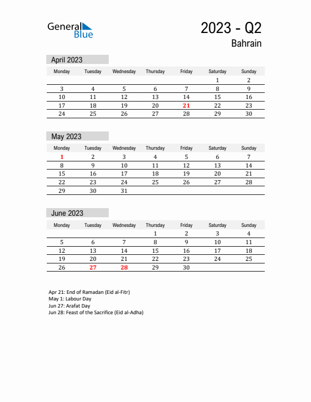 Bahrain Quarter 2 2023 Calendar with Holidays