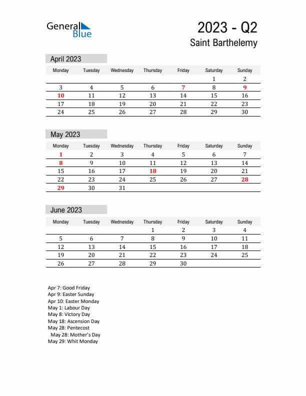 Saint Barthelemy Quarter 2 2023 Calendar with Holidays