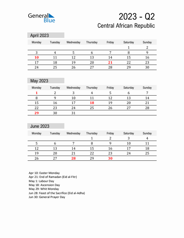 Central African Republic Quarter 2 2023 Calendar with Holidays