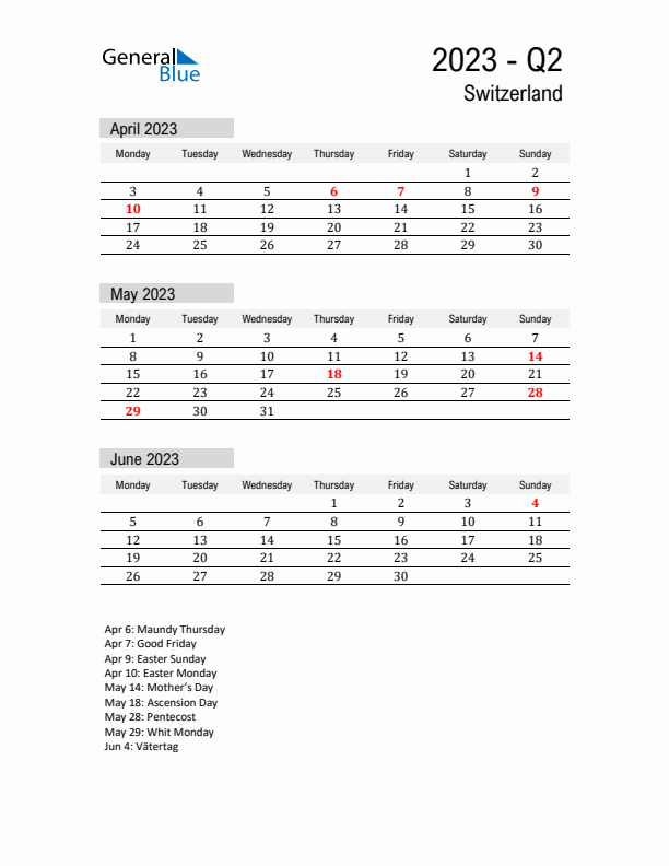 Switzerland Quarter 2 2023 Calendar with Holidays
