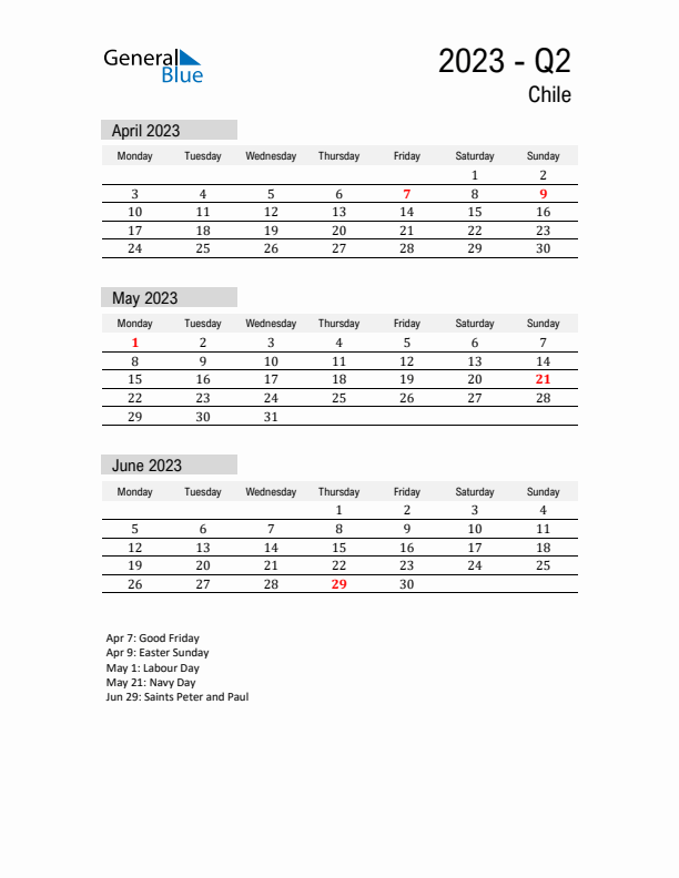 Chile Quarter 2 2023 Calendar with Holidays