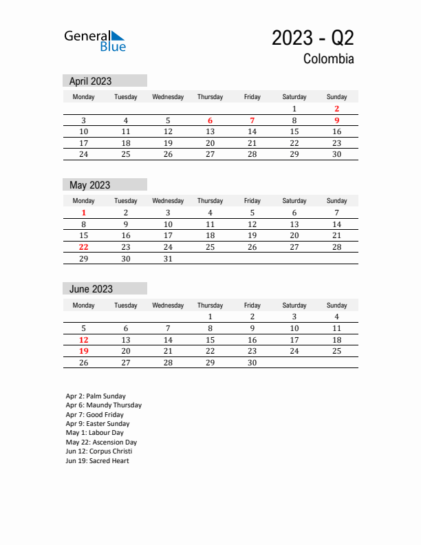 Colombia Quarter 2 2023 Calendar with Holidays