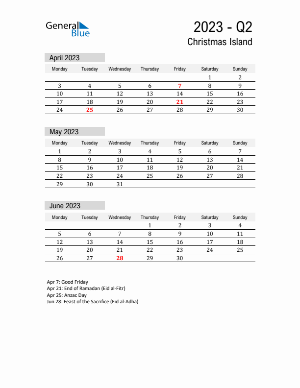 Christmas Island Quarter 2 2023 Calendar with Holidays