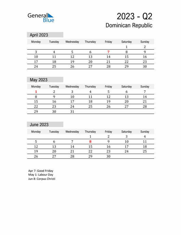 Dominican Republic Quarter 2 2023 Calendar with Holidays