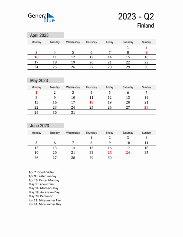 Finland Quarter 2 2023 Calendar with Holidays