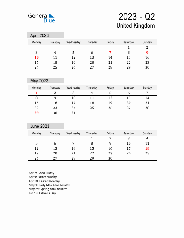 United Kingdom Quarter 2 2023 Calendar with Holidays