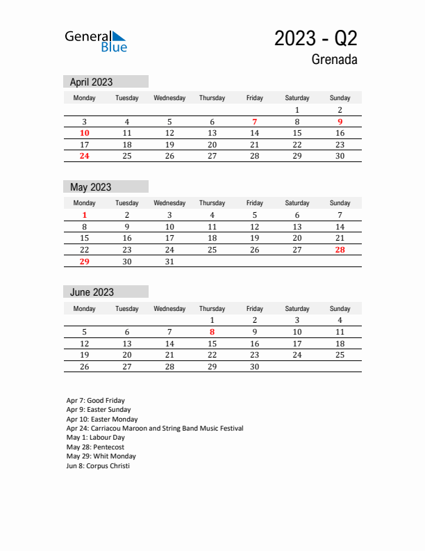 Grenada Quarter 2 2023 Calendar with Holidays