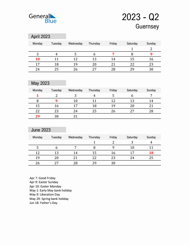 Guernsey Quarter 2 2023 Calendar with Holidays