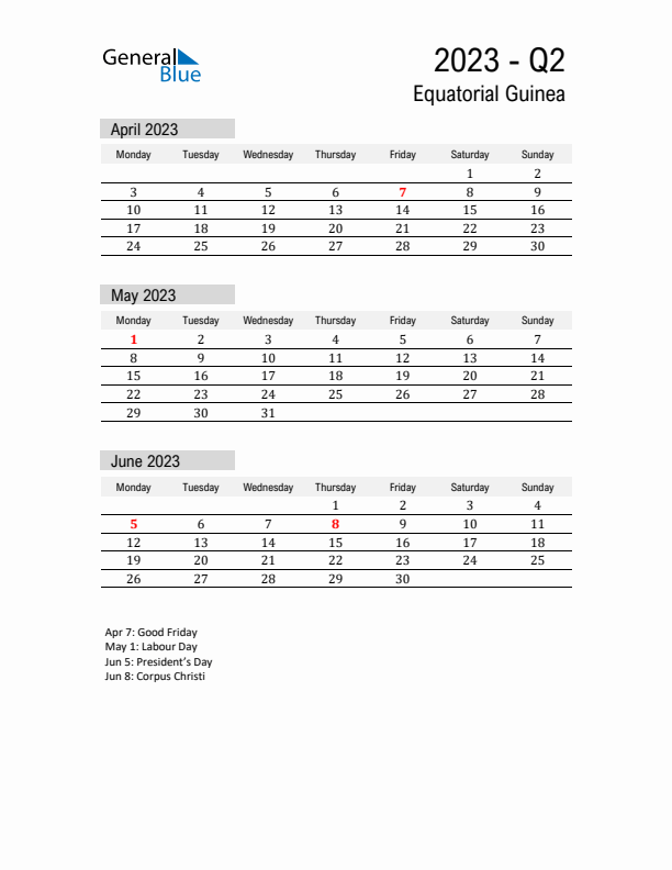Equatorial Guinea Quarter 2 2023 Calendar with Holidays
