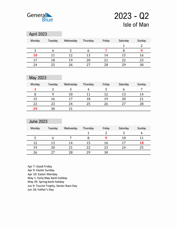 Isle of Man Quarter 2 2023 Calendar with Holidays