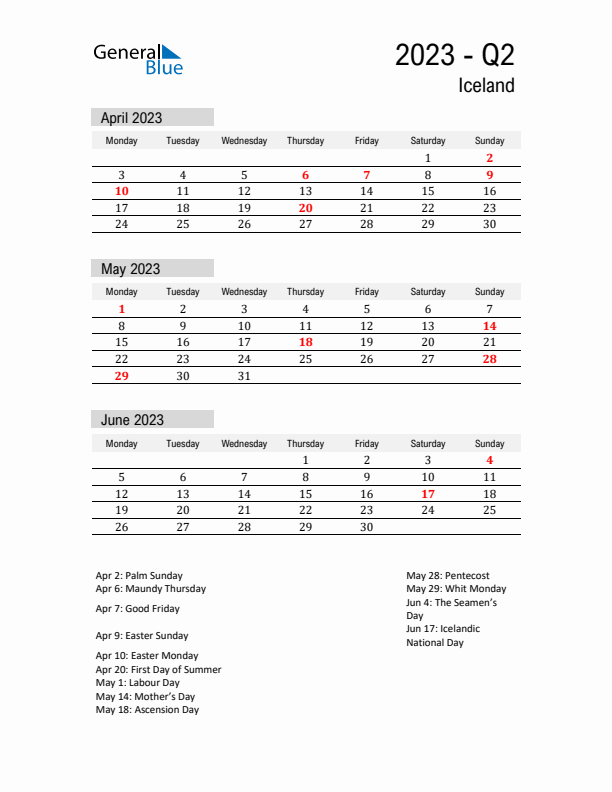 Iceland Quarter 2 2023 Calendar with Holidays