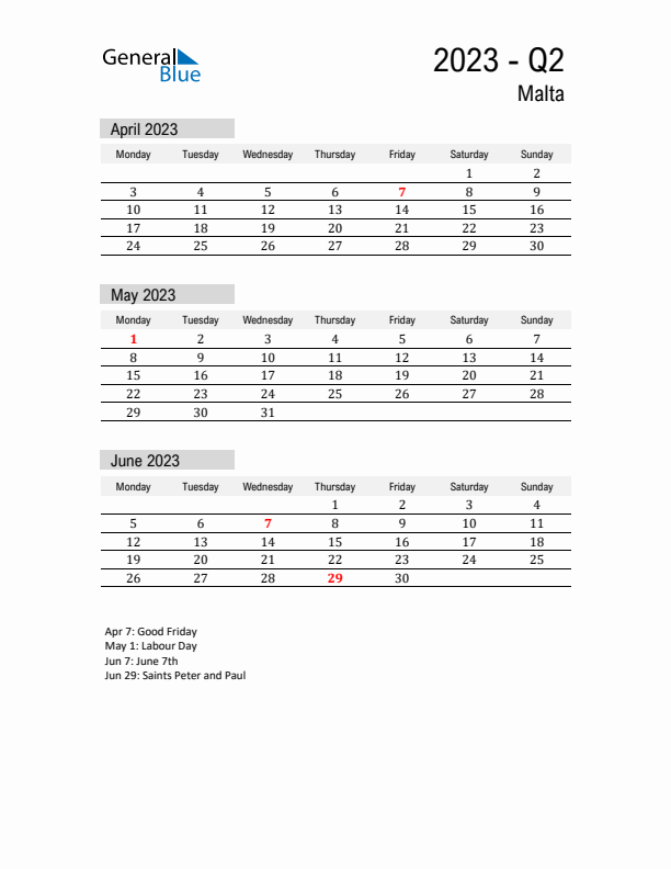 Malta Quarter 2 2023 Calendar with Holidays