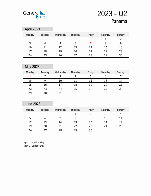 Panama Quarter 2 2023 Calendar with Holidays