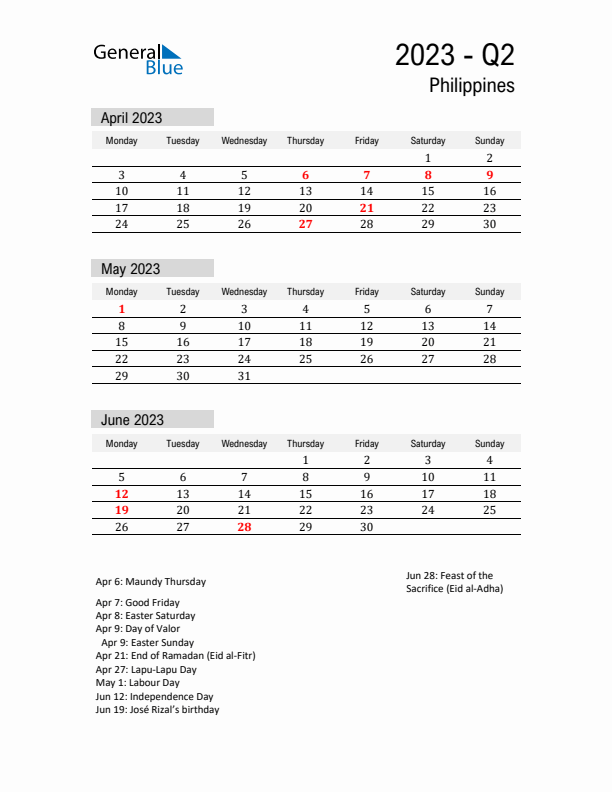 Philippines Quarter 2 2023 Calendar with Holidays