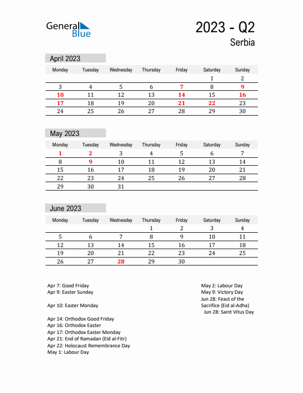 Serbia Quarter 2 2023 Calendar with Holidays