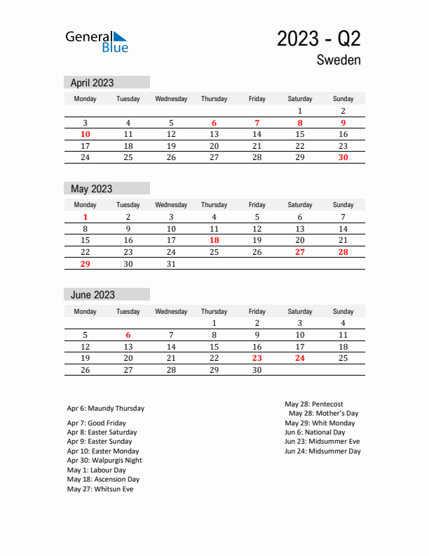 Sweden Quarter 2 2023 Calendar with Holidays