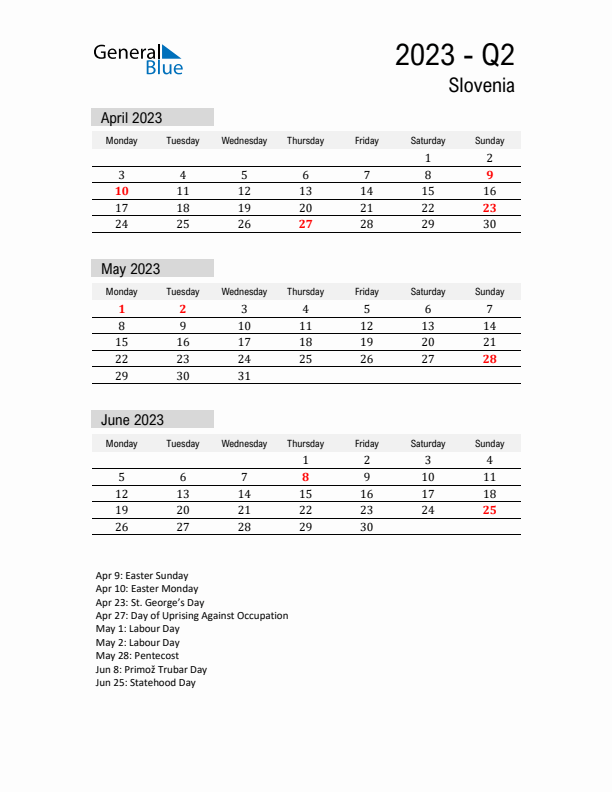 Slovenia Quarter 2 2023 Calendar with Holidays