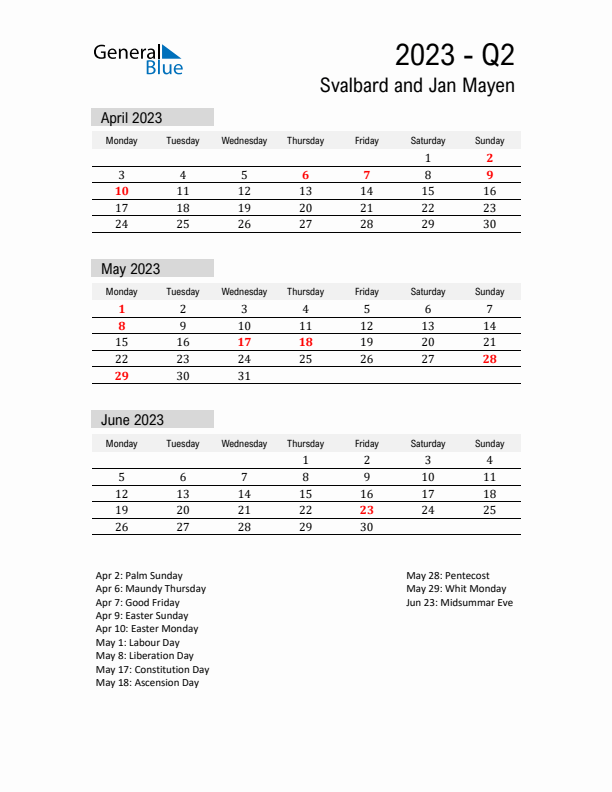 Svalbard and Jan Mayen Quarter 2 2023 Calendar with Holidays