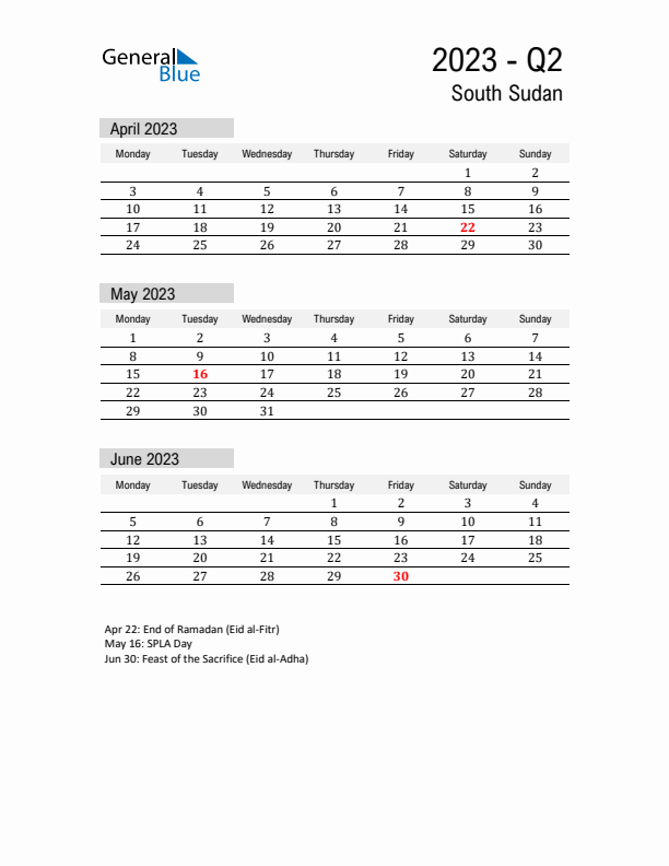 South Sudan Quarter 2 2023 Calendar with Holidays