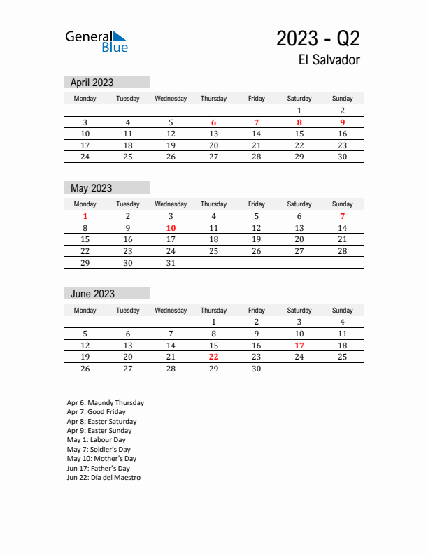 El Salvador Quarter 2 2023 Calendar with Holidays