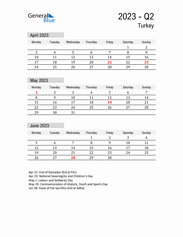 Turkey Quarter 2 2023 Calendar with Holidays