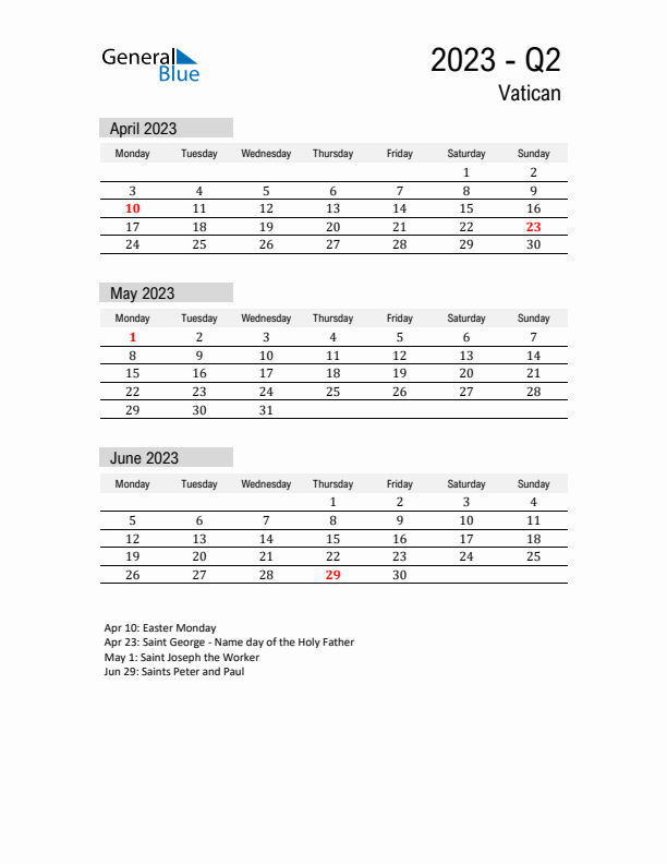 Vatican Quarter 2 2023 Calendar with Holidays