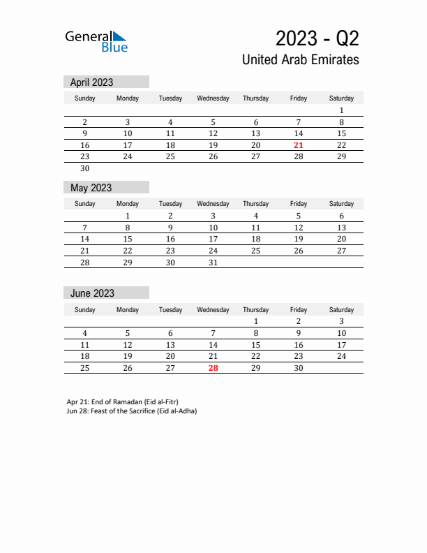 United Arab Emirates Quarter 2 2023 Calendar with Holidays