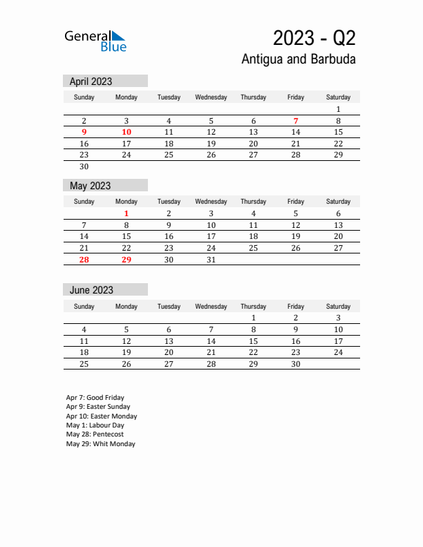 Antigua and Barbuda Quarter 2 2023 Calendar with Holidays