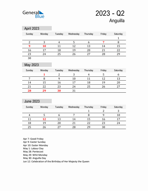 Anguilla Quarter 2 2023 Calendar with Holidays