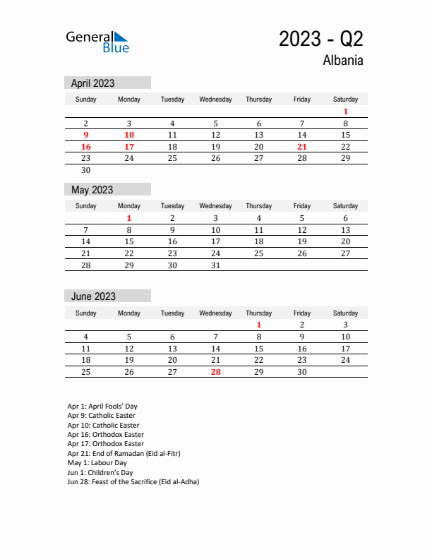 Albania Quarter 2 2023 Calendar with Holidays