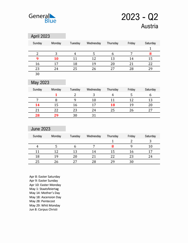 Austria Quarter 2 2023 Calendar with Holidays